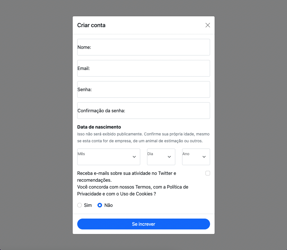 Exemplo da página de cadastro