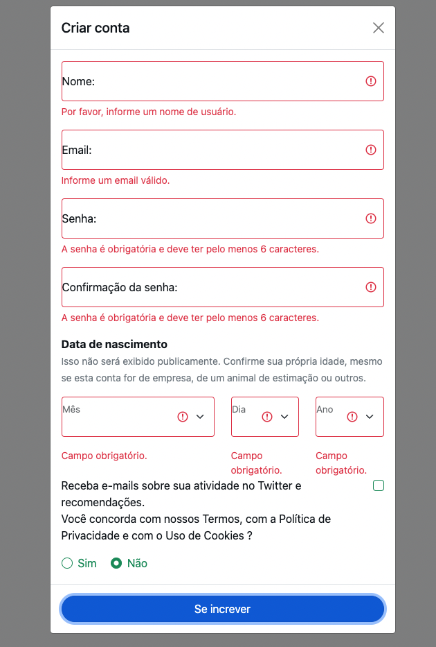 Exemplo de cadastrado inválido